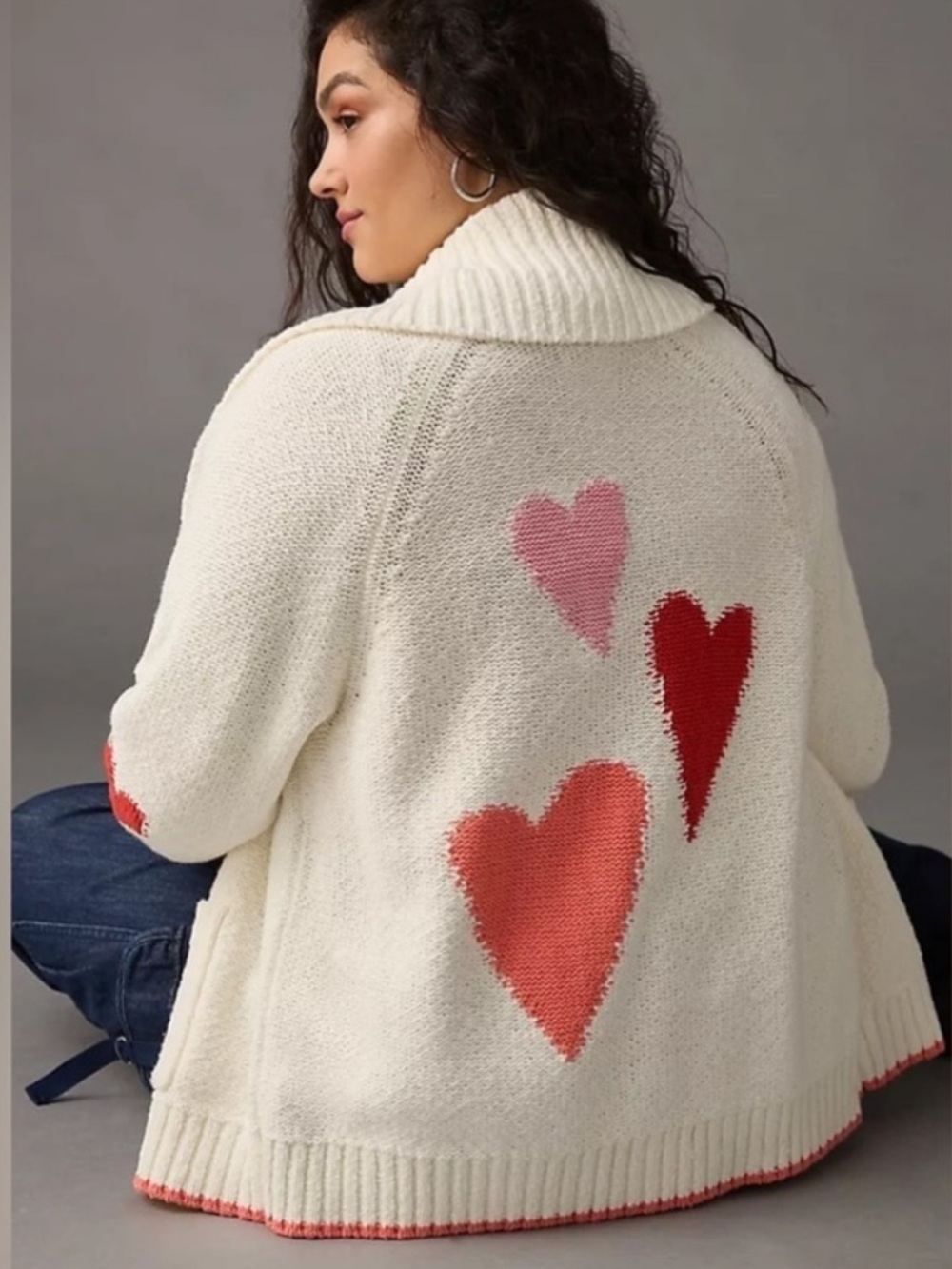 Anthro Heart Cardigan in ivory cream w/ pink & red, shawl collar, cotton Sz M - Picture 7 of 8
